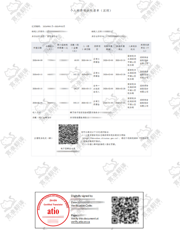 加拿大ATIO认证译员纳税记录翻译